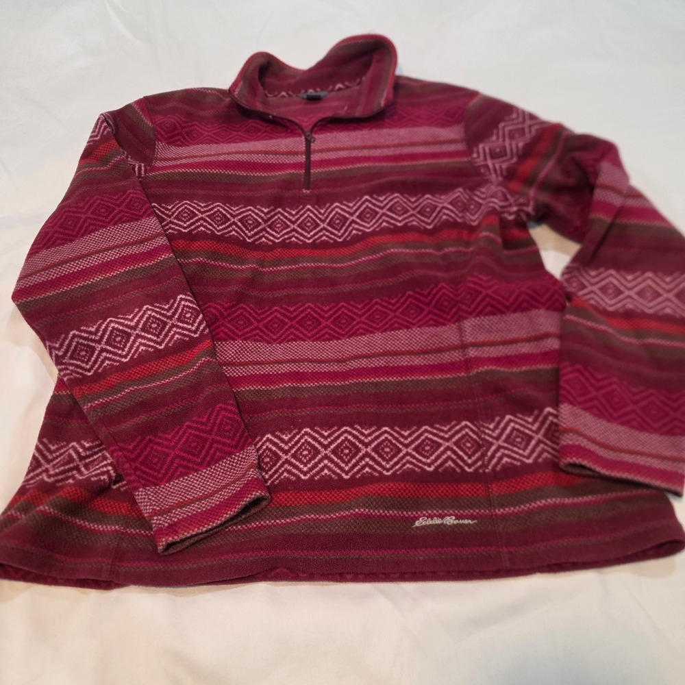 Eddie Bauer Fleece Pullover Women XL Burgundy Fair Isle Excellent Quarter Zip